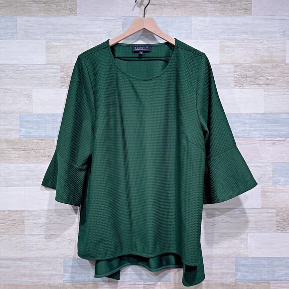 ELOQUII Textured Flare 3/4 Sleeve Longline Blouse Green Womens Plus Size 24 - Picture 1 of 8